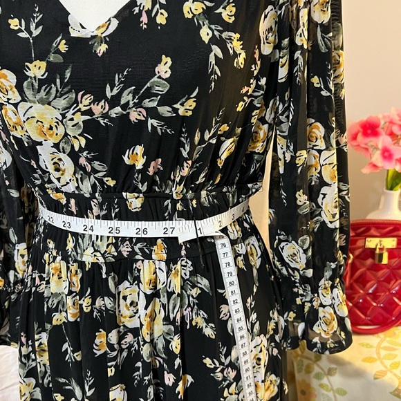 Ember Classy Feminine Spring Summer Black Floral Longsleeve A-line Dress - Picture 7 of 7